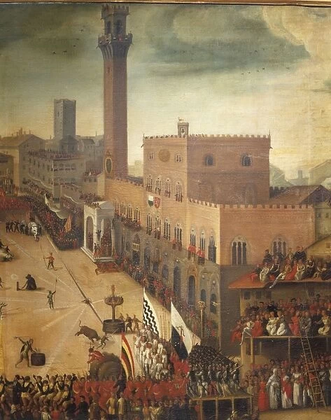 Bull races in Piazza del Campo in Siena, by Vincenzo Rustici, detail, around 1585. oil on canvas