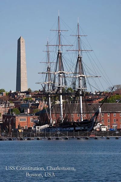 Bunker Hill Monument and USS Constitution historic ship, Charlestown, Boston, MA