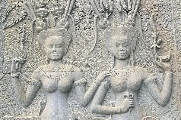 Cambodia, Angkor, detail of Angkor Vat, bas relief of two women