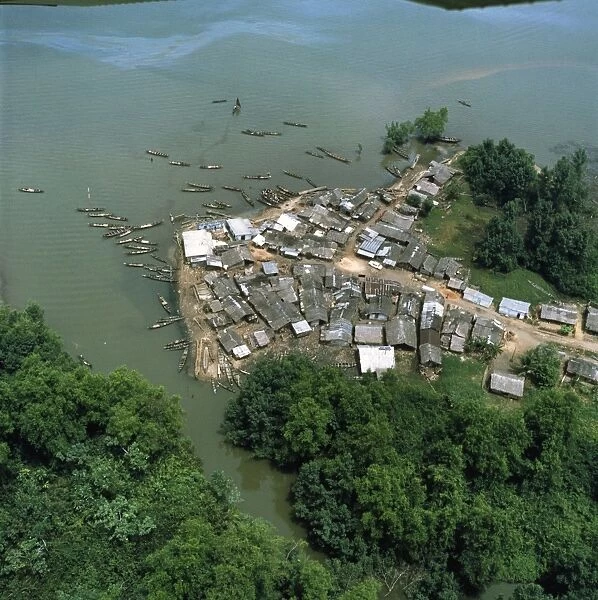 Cameroon, Littoral Region, Aerial view of village near Douala