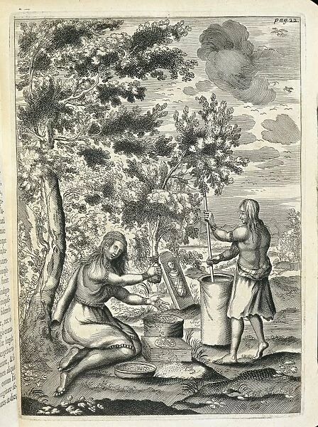 Canada, history of exploration, two Iroquois women preparing meal, from Historiae Canadensis by Father Francisco Creuxio, 1664