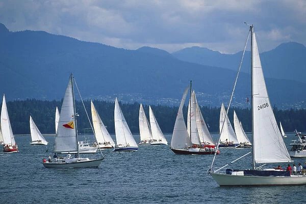 Canada, Pacific Northwest, British Columbia, Vancouver, sailboats participating in regatta held on waters of Burrard Inlet