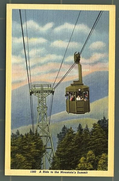 Cannon Mountain Tramway. ca. 1938, New Hampshire, USA, 1560. A Ride to the Mountains Summit. Cannon Mountain Tramway, Franconia Notch, N. H. First aerial passenger tramway in North America. In less than eight minutes the tramway cars take you safely over 5, 410 feet of 1 7  /  8 inch steel cable to the summit of Cannon Mountain (4, 107 feet)