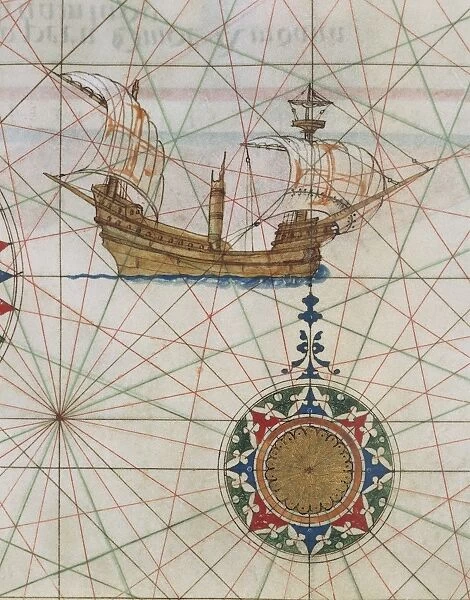 Caravel in ocean, from, Atlas of Universe by Lazaro Luis, detail, 1563