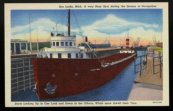 Cargo Ship at the Soo Locks. ca. 1948, Michigan, USA, Soo Locks, Mich. A very Busy Spot during the Season of Navigation. Boats Locking Up in One Lock and Down in the Others, While more Await their Turn