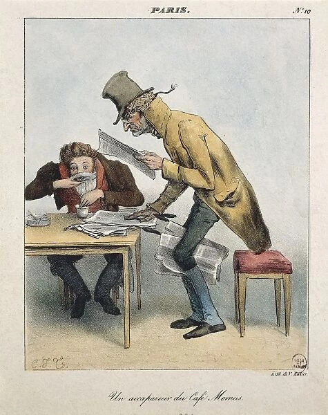 Caricature of man monopolizes newspapers in Paris cafe (Paris Un accapareur du Cafe Momus) by Ralier, lithograph, 1825