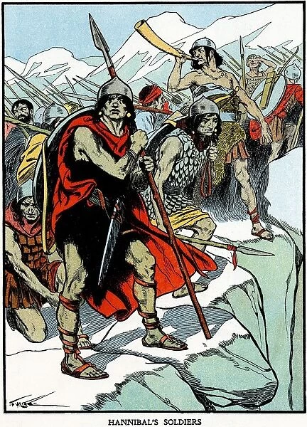 Carthaginian general Hannibals army crossing the Alps 218 BC to do battle with the Romans
