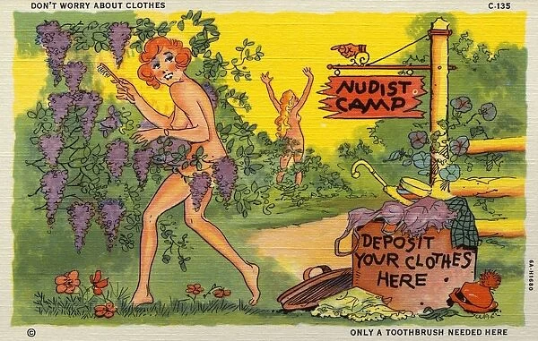 Cartoon of a Nudist Camp. ca. 1936, DON T WORRY ABOUT CLOTHES, ONLY A TOOTHBRUSH NEEDED HERE