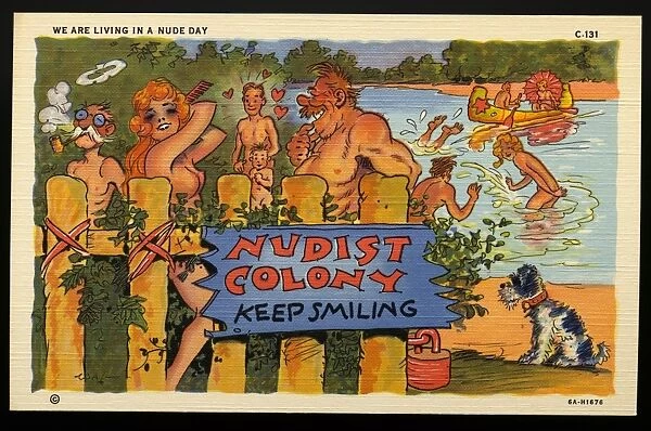 Cartoon of a Nudist Camp. ca. 1936, WE ARE LIVING IN A NUDE DAY