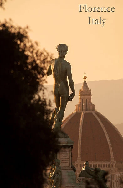Cathedral and copy of Michelangelos David statue, Michelangelo square, Florence, Tuscany
