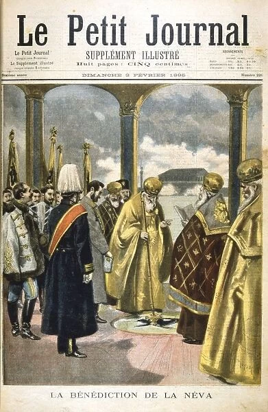 Ceremony of blessing the river Neva, St Petersburg, by Russian Orthodox priests, 1895