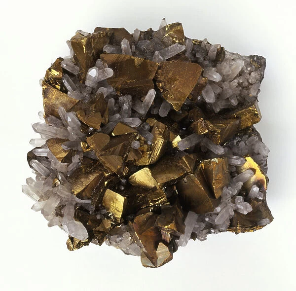 Chalcopyrite and quartz crystals, close-up