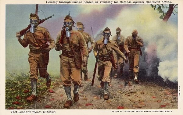 Chemical Warfare Training at Fort Leonard Wood. ca. 1941, Missouri, USA, Coming through Smoke Screen in Training for Defense against Chemical Attack, Fort Leonard Wood, Missouri