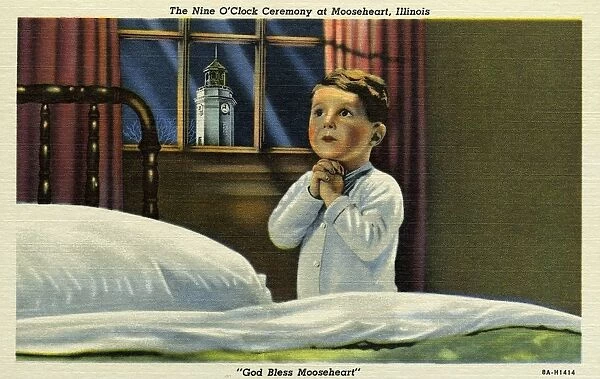 Child Praying at Bedtime. ca. 1938, Mooseheart, Illinois, USA, The Nine O Clock Ceremony at Mooseheart, Illinois. God Bless Mooseheart. MOOSEHEART, THE 9 O CLOCK CEREMONY. There is a spiritual bond that binds indissolubly the half-million and more members of the Loyal Order of Moose to their Fraternity, and to its humanitarian activities, chief of which is Mooseheart. This bond finds highest expression in the Nine O Clock Ceremony
