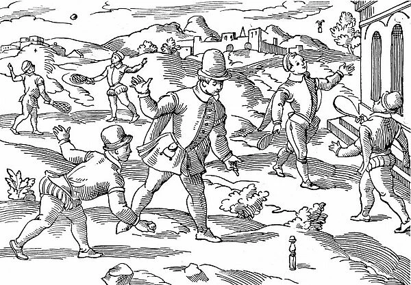 Childrens games in 16th century: In foreground boys are playing a form of skittles