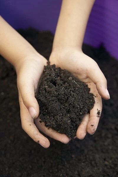 Childs hands holding pile of soil