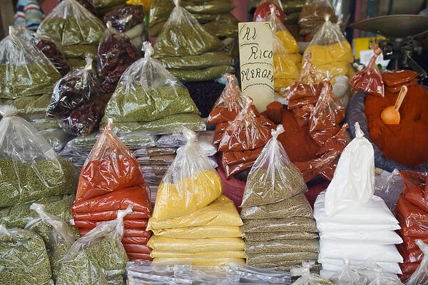 Chile, Biobio region, Chillan city, spices in plastic bags for sale at market