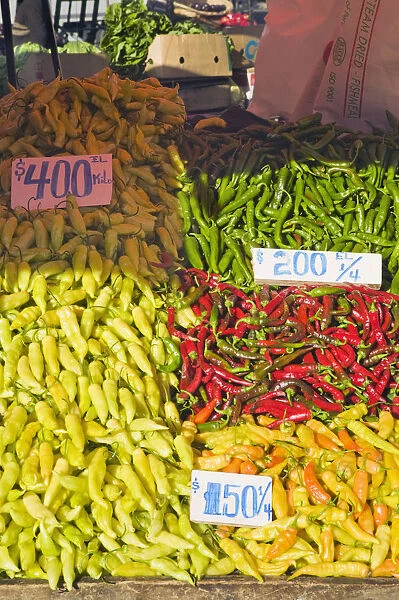 Chile, Biobio region, Chillan city, market stall selling chilli peppers