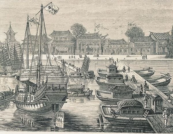 China, Tien-Sien port, sampans, commercial ships and bridge of boats, engraving