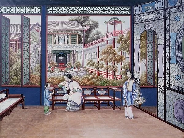 Chinese domestic scene. Women and child in room overlooking courtyard garden. Chinese school c1820