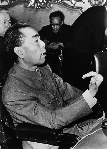 Chinese premier zhou enlai giving a press conference in cairo, egypt before going on to algeria, morocco and albania, december 1963, he said his trip did not include the soviet union