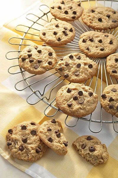 Chocolate chip cookies on cooling rack, close-up