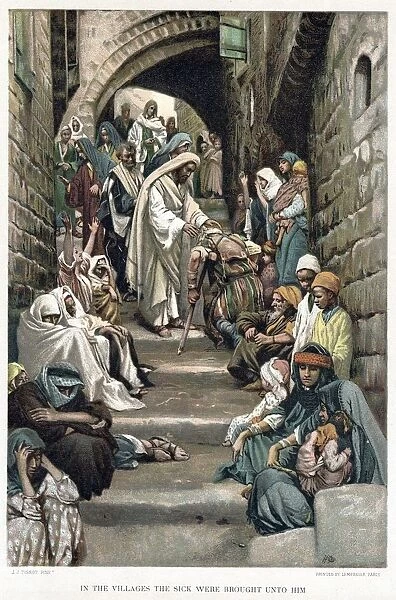Christ healing the sick brought to him in the villages. Bible: Mark 6. From JJ Tissot