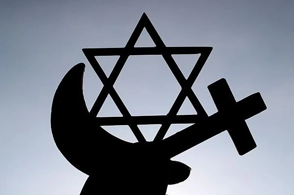 Christianity, Islam, Judaism 3 monotheistic religions. Jewish Star, Cross and Crescent : Interreligious symbols in hands