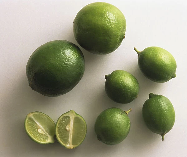 Citrus aurantifolia, different sized whole and halved Limes, view from above