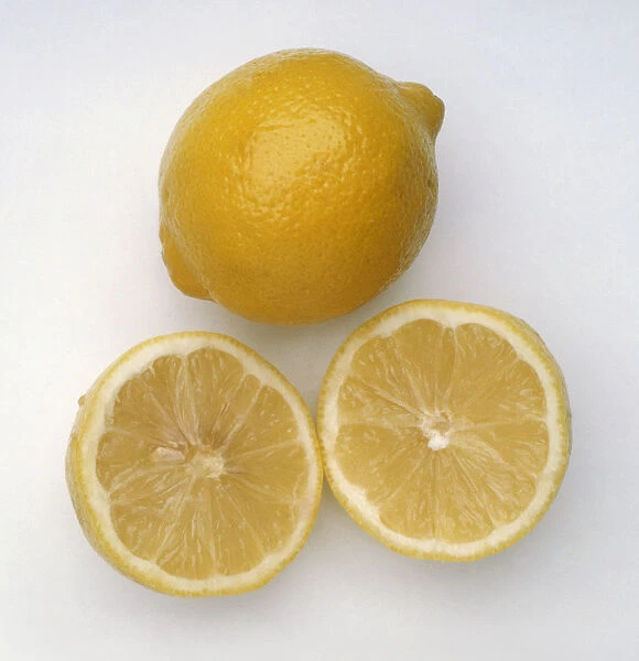 Citrus limon Primafiori (Primafiori lemon), one whole and one sliced in two