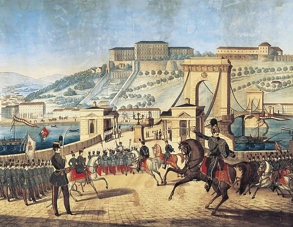 Civic Guard Parade near Chain Bridge in Budapest by Samuel Lehnhardt, engraving, 1840