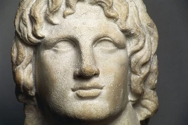 Close up of marble head of Alexander the Great, Hellenistic art, 2nd- 1st century b. c