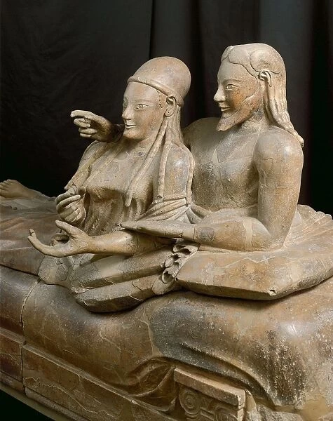 Close-up of painted terracotta Sarcophagus of the Spouses, 6th century b. C. from Cerveteri, Rome province, Italy