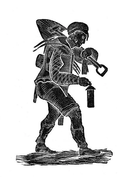 The coal miner carrying his tools and safety his lamp. Wood engraving 1890