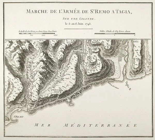 Coast between San Remo and Taggia, Liguria Region, French map drawn during the War of the Austrian Succession of 1746, Paris, Copper engraving, 1775