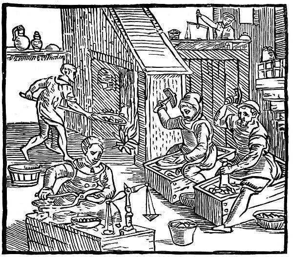 Coiners at work: Interior of a mint showing coins being stamped out and weighed to