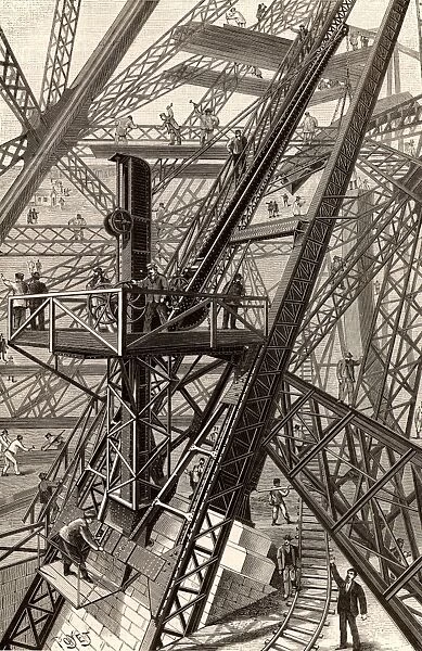 Construction of the Eiffel Tower, Paris, France. General view of one of the cranes