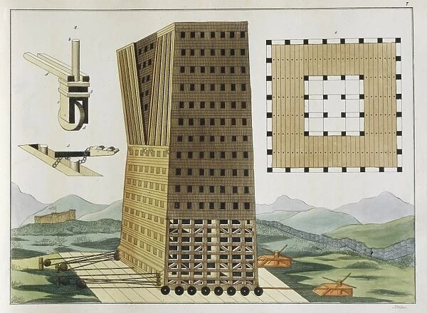 Construction of a Siege Tower, by Franz Rottenkamp, etching, 1842