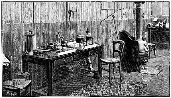 A corner of Pierre and Marie Curies laboratory, Paris. Engraving published 1904