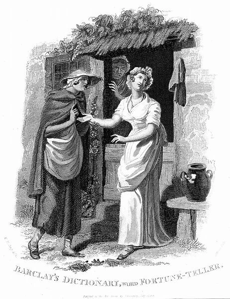 Country girl having her hand read by an itinerant fortune teller