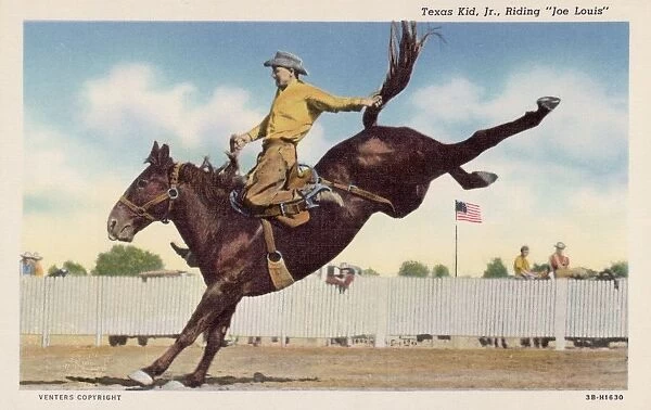 Cowboy Riding Horse Joe Louis. ca. 1943, Elk City, Oklahoma, USA, Texas Kid, Jr. Riding Joe Louis. A past time Range Sport of the Pioneer Southwest, being reproduced by a crack rider during Woodword Elks Rodeo. Stock furnished by Beutler Bros. Elk City, Okla
