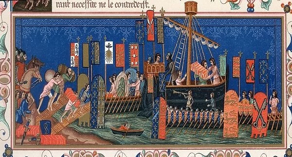 Crusaders embarking for the Holy Lane. Detail from 15th century Statutes of the Order