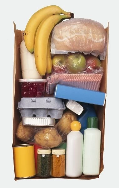 Cut-away view of contents of shopping bag, containing bottles, jars, bread, various fruit, eggs, potatoes