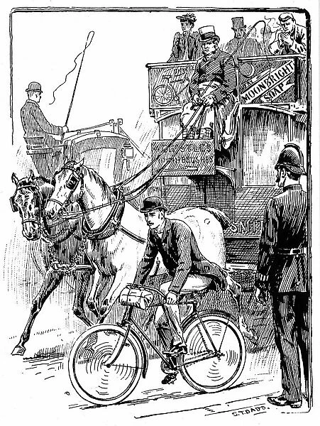 Cyclist in busy London traffic riding a machine of the Rover safety type. Horse bus