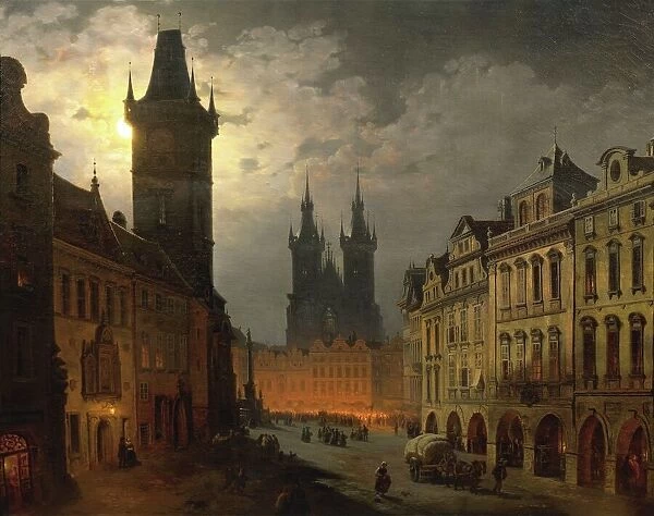 Czech Republic, Prague, painting of old town square at night