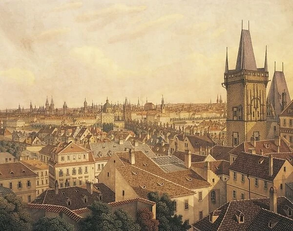 Czech Republic, Prague, watercolor painting of old town
