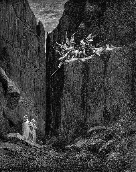 Dante protected by Virgil from harm by demons. Dante Alighieri Inferno, first part
