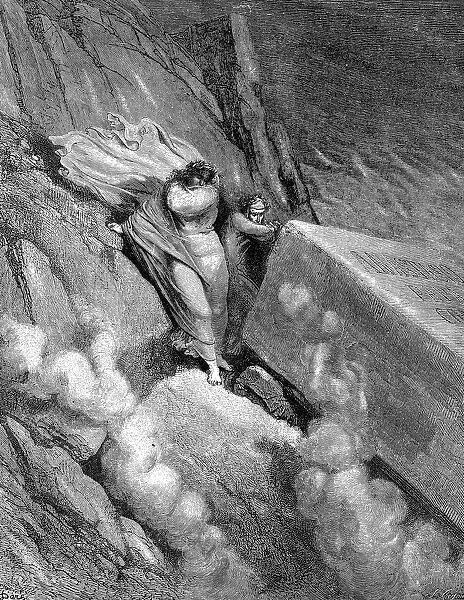 Dante and Virgil at the edge of the abyss from which a foetid smell steamed up: Canto XI