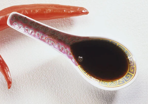 Dark soy sauce in decorated Chinese soup spoon, close up