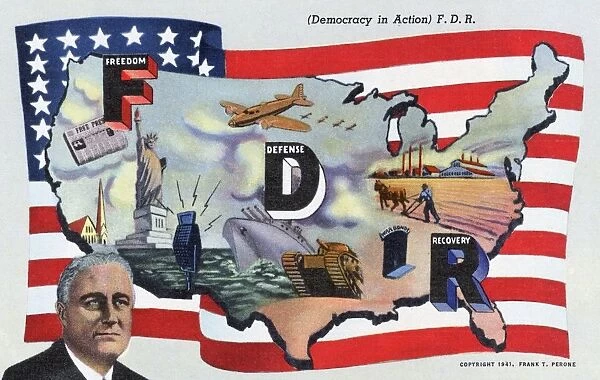 Democracy in Action Postcard. ca. 1943, Democracy in Action Postcard